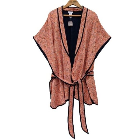 J Jill Belted Quilted Ruana Size XL-3X NWT Orange Paisley Belted Jacket Kimono - Picture 2 of 16